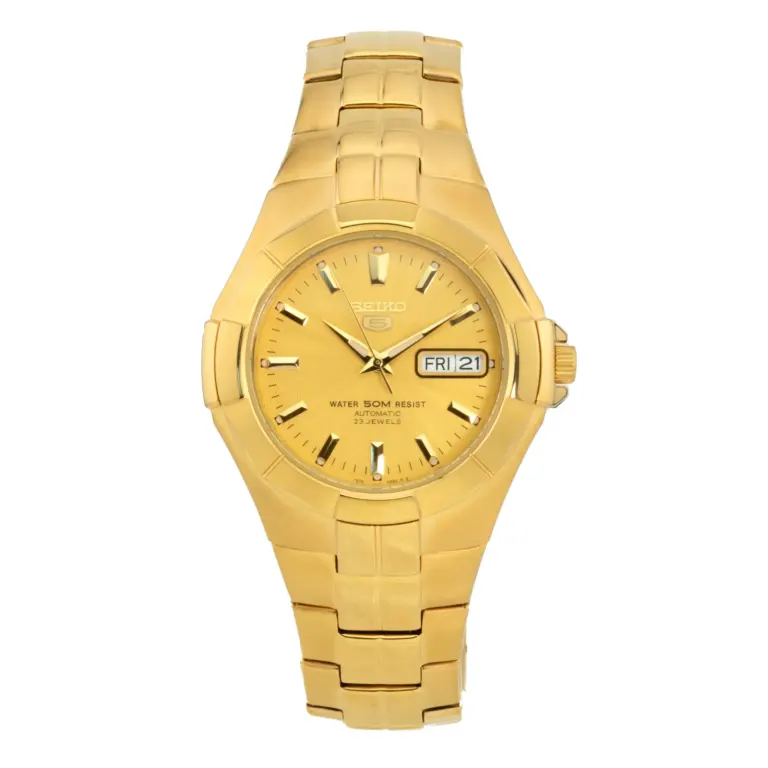 A gold Seiko automatic wristwatch featuring a circular dial, date display, and water resistance, set on a polished metal bracelet